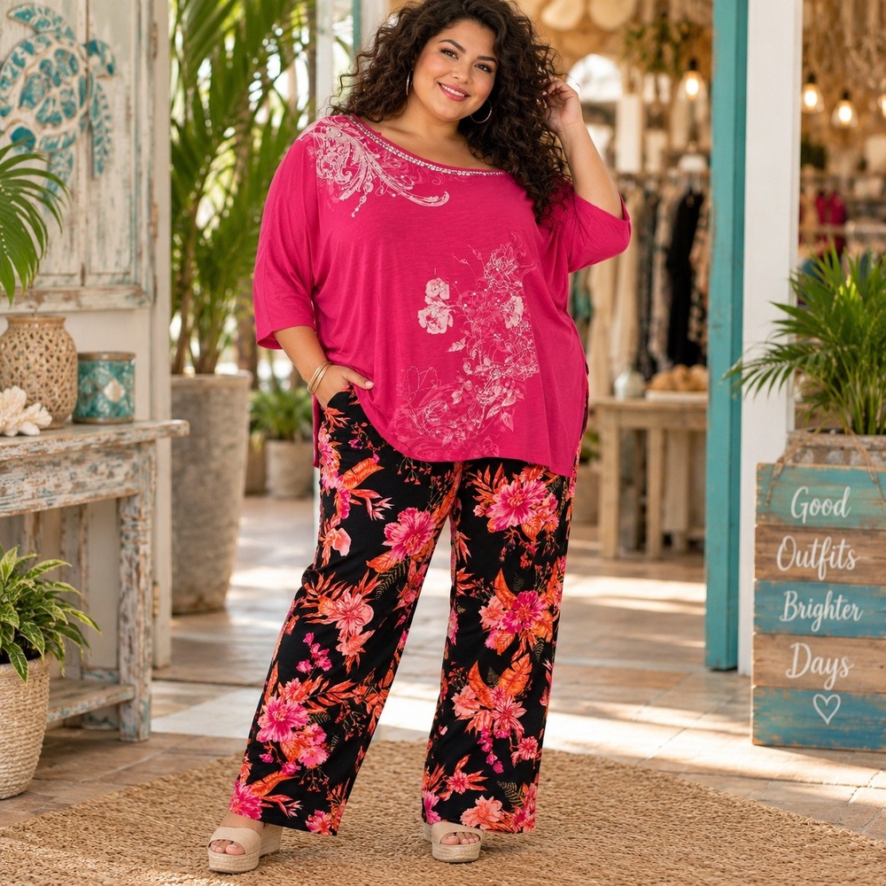 54. 2X SET Lane Bryant Pink Sequin Top + Stretch Corduroy Floral Pants XXL